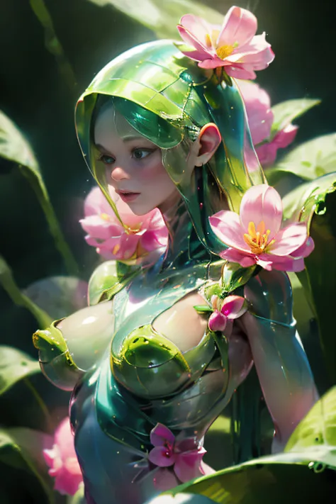 (best quality, ultra-detailed), (alien), (green skin), (black eyes), (((leaves for hair))), long hair, busty, (dress made of pla...