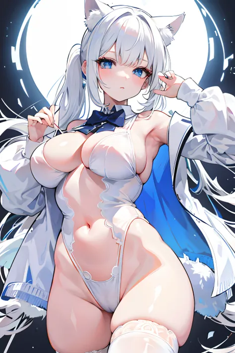 White color hair，blueneyes，Long hair single ponytail，Meow woman，The kinky is exposed，delicated，nakeness，Unoccluded，seductiv，cat ear，full bodyesbian，No underwear，ultra-transparent underwear，A coquettish expression，big-breasted loli，slightly fat big breasts，...