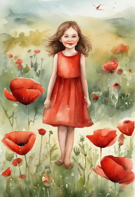 Illustration of a girl, wearing red dress, Playing in the poppy garden, short brown hair, Cranes flying in the sky, kids book illustration, cute storybook illustration, adorable digital painting, illustration for children, childrens illustration, beautiful...