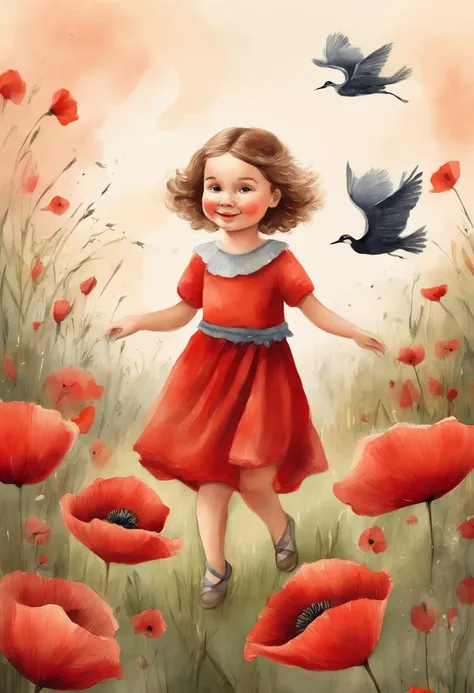 Illustration of a girl, wearing red dress, Playing in the poppy garden, short brown hair, Cranes flying in the sky, kids book illustration, cute storybook illustration, adorable digital painting, illustration for children, childrens illustration, beautiful...