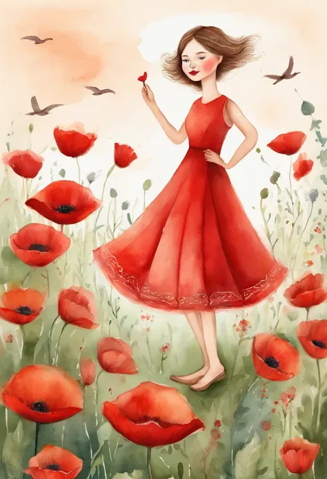 Illustration of a girl, wearing red dress, Playing in the poppy garden, short brown hair, Cranes flying in the sky, kids book illustration, cute storybook illustration, adorable digital painting, illustration for children, childrens illustration, beautiful...