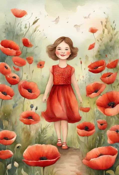 Illustration of a girl, wearing red dress, Playing in the poppy garden, short brown hair, Cranes flying in the sky, kids book illustration, cute storybook illustration, adorable digital painting, illustration for children, childrens illustration, beautiful...