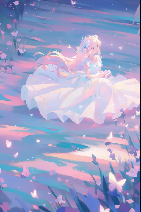 masterpiece, 8k, sharp focus, high resolution, princess, beautiful girl, fantasy white dress, dreamy, pastel colors, beautiful, peaceful, calm, fantasy landscape, beautiful dress design, intricate dress detail, (fantasia background), otherworldly flowers a...