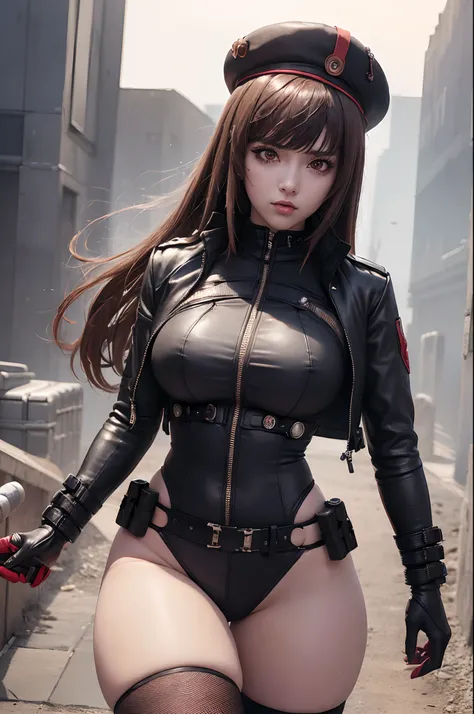 ((mejor calidad)), ((obra maestra)), (muy detallado: 1.3) chica Rapidef, ojos rojos, nikke anime con pechos muy grandes y cola grande muslos hechizantes con una pistola y un sombrero y una corbata roja, mechanized soldier girl, M4 Sopmod II Girls Front Lin...