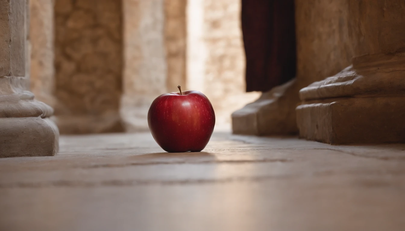 a red apple, left on the floor of a hallway in a medieval castle, day, cinematic scene from film