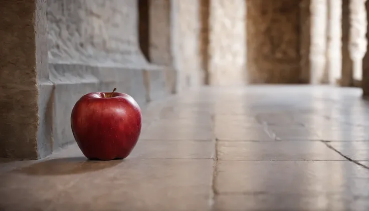 a red apple, left on the floor of a hallway in a medieval castle, day, cinematic scene from film