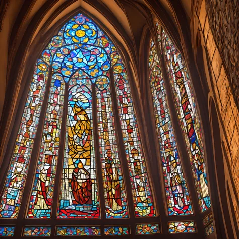 Window pane of an ancient church in mosaic style, onde ao centro, a uma imagem de nossa senhora, tilting your head gently to the side,  In your hands you hold a rose 🌹 (Well-lit image and trails of color and light through the glass)