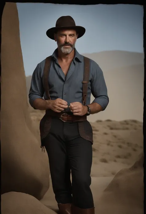 retrato masculino, um homem bonito, olhos claros compenetrantes, looking-into-camera, Smile and progressively sensual expression,Homem loiro fazendeiro tosquiando ovelhas, the mature version of Northern Irish actor Ray Stevenson, in traditional gaucho cost...