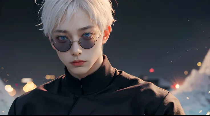 satoru gojo, white hair, short hair, hair between eyes, blue eyes, colored eyelashses, solo, 1man, black clothes, round sunglass...