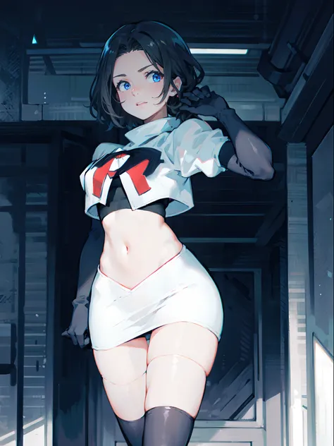 1girl,team rocket,team rocket uniform,white skirt,crop top,black thigh-highs,black elbow gloves,