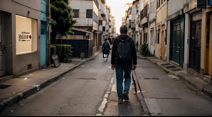 Uma imagem de um homem e uma menina caminhando por uma rua.