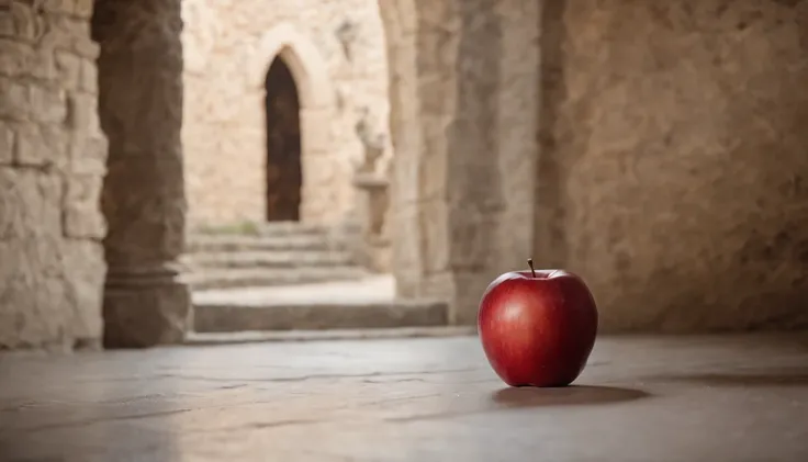 a red apple, left on the floor of a hallway in a medieval castle, day, cinematic scene from film