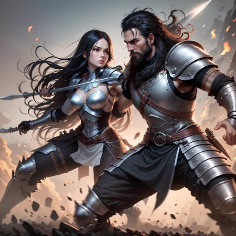 High-resolution image of two characters fighting in a medieval battle. One character uses a spear, while the other uses two daggers. A tall, muscular warrior with long hair and a beard. He is wearing heavy armor and carrying a long, sharp spear. A tall, sl...