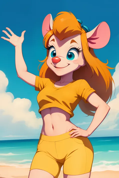 gadget_hackwrench, midriff, yellow shirt, tight yellow shorts, gh_goggles, arm waving, beach, smile, (high quality:1.2), masterpiece, highres, 4k, sharp focus, simple style, cartoon, disney style