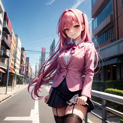 kisara，Beautiful girl with pink hair，She is the devil.、Its Yandere，A smile，​masterpiece，超A high resolution，Ribbon on uniform，Cute Blazer，Beautiful Beautiful Girl，