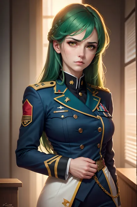 A woman,green hair,long hair,yellow eyes,uniform,high rank officer,military,serious emotional,8k,anime,realistic,portrait,