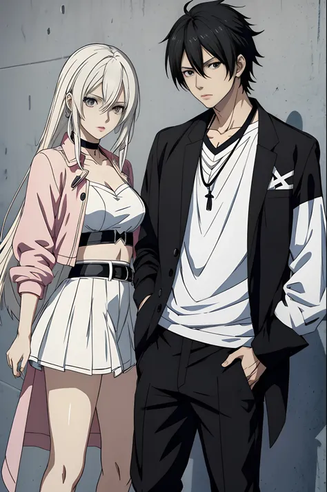 pareja de anime con cabello blanco y ropa negra posando para una foto, Sasura, :14 Estilo anime de los 80, Arte Zerochan, Hana Yata, Hidari y Vlop, Hajime Yatate, en estilo anime, Anime sombreado vectorial, Blanco y negro, Sakimichan y Frank Franzzeta, Est...