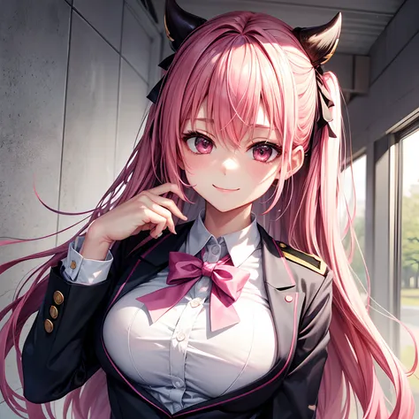 kisara，Beautiful girl with pink hair，She is the devil.、Its Yandere，A smile，​masterpiece，超A high resolution，Ribbon on uniform，Cute Blazer，Beautiful Beautiful Girl，