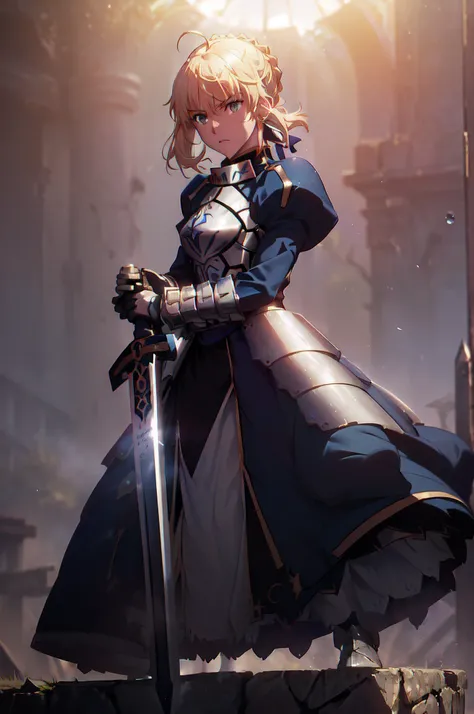 (masterpiece, high resolution, dramatic photo:1.4), Artoria Pendragon from Fate anime, (holding the legendary Excalibur sword with both hands, its gleaming blade cutting through the shadows:1.4), (capturing the essence of the moment in a visually striking ...