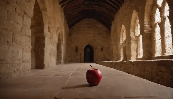 (a red apple,medieval castle,hallway,cinematic scene) on the floor of a (medieval castle:1.1) (hallway:1.3), under the soft lights of a (cinematic scene:1.2) from a (film,feature film, medieval film). The (red apple,brilliant red apple, vibrant red apple) ...