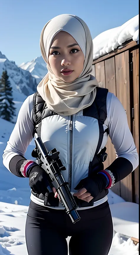 Photorealistic, high resolution, 1 malay woman in hijab, Solo, Hips up, Snow background，view the viewer, (Detailed face), White hijab, SWAT vests, Gun, jewelry