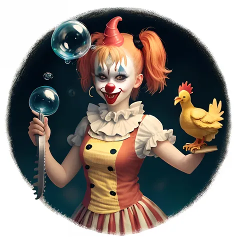 Clown with chainsaw rubber chicken horn and bubbles