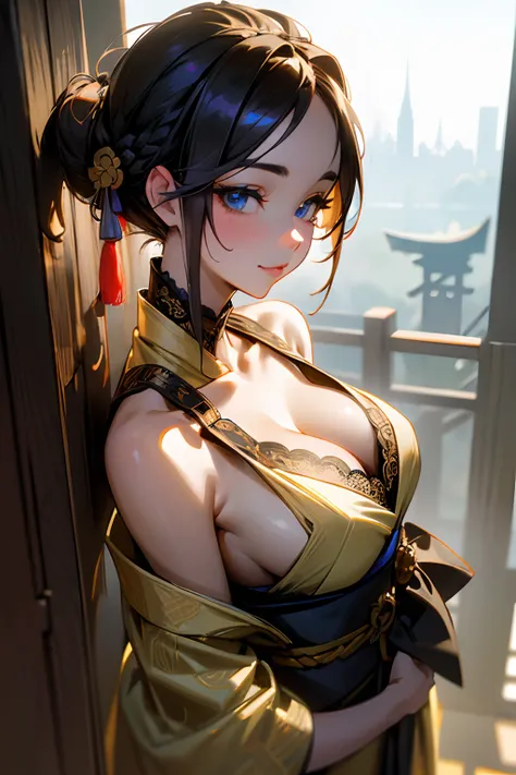 A beautiful flirtatiously smiling woman, a very busty ronin wearing gold lace kimono, Meiji restoration, blue eyes, yojimbo, cleavage, bare shoulders, HD, UHD, WLOP, Artgerm, French braid hairstyle, a view from the side and above,  large anime eyes, realis...