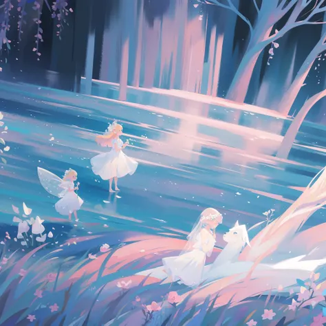 masterpiece, 8k, sharp focus, high resolution, princess, beautiful girl in fantasy white dress, otherworldly landscape, fantasia landscape background, willow trees, plants and flowers, dreamlike, dreamy, beautiful, fantasy, water nymph, fairy, water spirit...