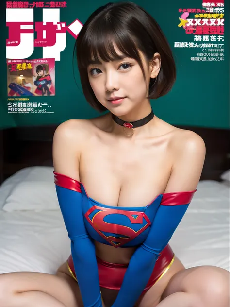 (Best Quality,4K,8K,hight resolution,masutepiece:1.2),Ultra-detailed,Realistic:1.37,masutepiece,Short-haired Supergirl sitting on bed、ample breasts、Looking at the camera、a choker、bare-legged、Weekly magazine cover、Cheerful pose、highleg leotard、a miniskirt、T...