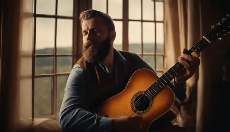 Bearded man playing Guitar looking at the sky trough the window, vintage style, jazz blues, whisky