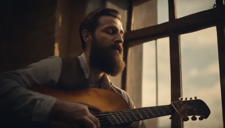 Bearded man playing Guitar looking at the sky trough the window, vintage style, jazz blues, whisky