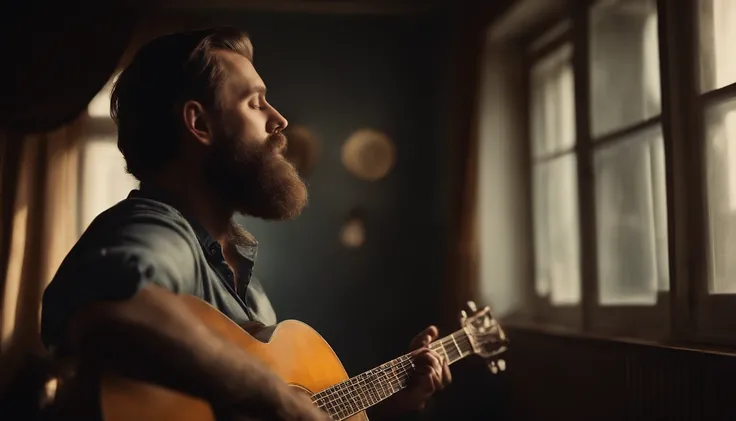 Bearded man playing Guitar looking at the sky trough the window, image from back, vintage style, jazz blues, whisky, 20s