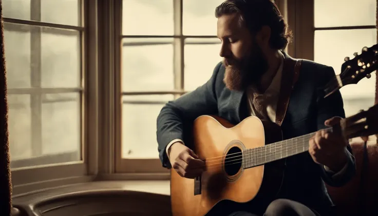 Bearded man playing Guitar looking at the sky trough the window, image from back, vintage style, jazz blues, whisky, 20s