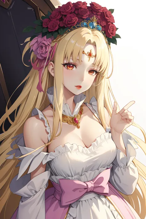 masterpiece, best quality, spaphrodite, tiara, circlet, hair flower, lipstick, medium breasts, dress, upper body, necklace, 5 fingers, detailed face, detailed eyes, detailed hair