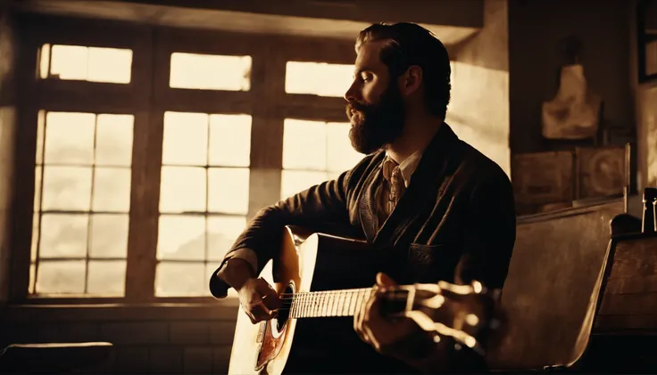 Bearded man, back, playing Guitar looking at the sky trough the window, barber shop, image from back, vintage style, jazz blues, whisky