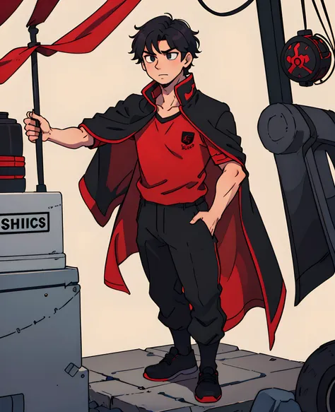 1 boy, short hair, black, slightly curly hair, long black cape, red cloth shirt, with a black vest, black pants, elegant black shoes, handsome and with a little muscle, estilo anime 2D