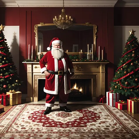 Santa Clause holding a rolled up Persian rug in a home decorated for Christmas