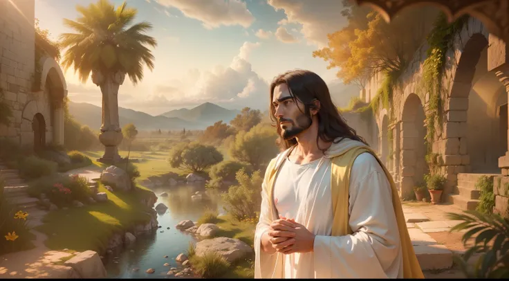 Nesta cena, Jesus is portrayed in heaven, irradiando divindade e serenidade. The atmosphere is ethereal, com suaves raios de luz iluminando os arredores. The composition is carefully framed, capturando Jesus no centro, surrounded by a paradisiacal setting....