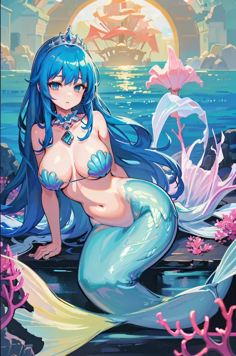 4k,hight resolution,One Woman,Blue hair,Longhaire,mermaid,huge tit,Little Mermaid,Seashell bra,Princess Tiara,Pearl decoration,jewel decorations,Undersea background,under the water