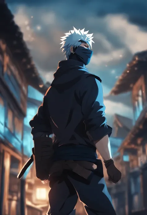 un primer plano de una persona con un fondo azul y negro, Kakashi, Kakashi Hatake, Estilo anime 4K, epic anime style, Naruto Artstyle, Shinobi, Trigger anime artstyle, Badass Anime 8K, Portada del anime, mystic ninja, Anime Wallpaper 4k, Fondos de pantalla...