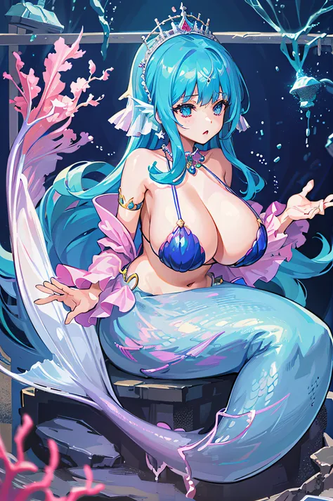 4k,hight resolution,One Woman,Blue hair,Longhaire,mermaid,huge tit,Seashell bra,Princess Tiara,Pearl decoration,jewel decorations,Undersea background,under the water