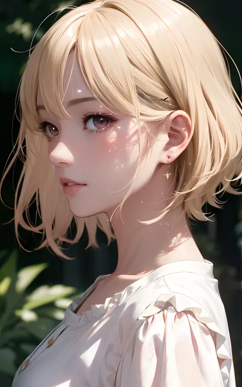 (profile), (style of ayami Kojima), nudist, Haruno Sakura, blonde hair, pink eyes, bobcut, perfect face, realistic, lifelike, lip gloss, messy hair, blushing, sparkling eyes, dynamic motion, motion lines, milk on face, blouse, mascara