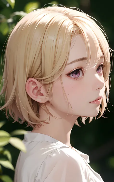 (profile), (style of ayami Kojima), nudist, Haruno Sakura, blonde hair, pink eyes, bobcut, perfect face, realistic, lifelike, lip gloss, messy hair, blushing, sparkling eyes, dynamic motion, motion lines, milk on face, blouse, mascara