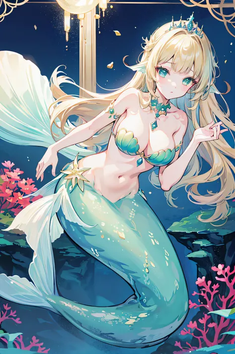 4k,hight resolution,One Woman,a blond,Longhaire,mermaid,Green scales,huge tit,Little Mermaid,Seashell bra,Princess Tiara,Pearl decoration,jewel decorations,Undersea background,under the water