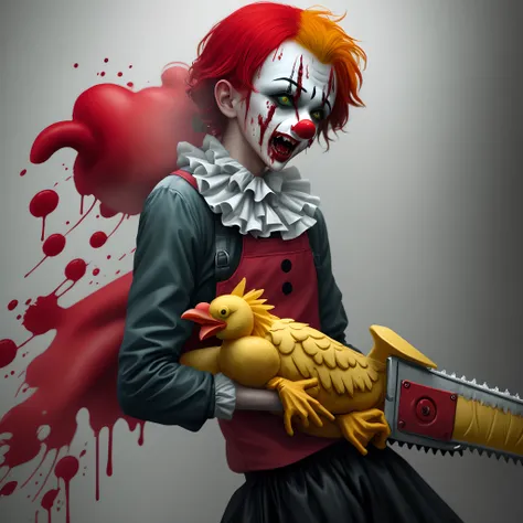 Horror clown with chainsaw in left hand dripping blood with a rubber chicken. As the blade. The clowns outfit is black green yellow red.