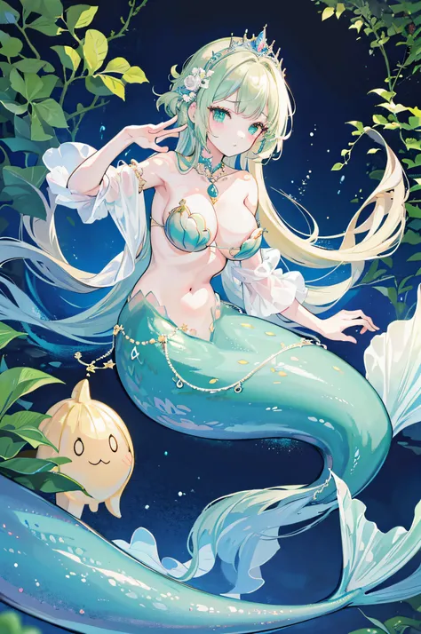 4k,hight resolution,One Woman,a blond,Longhaire,mermaid,Green scales,huge tit,Little Mermaid,Seashell bra,Princess Tiara,Pearl decoration,jewel decorations,Undersea background,under the water