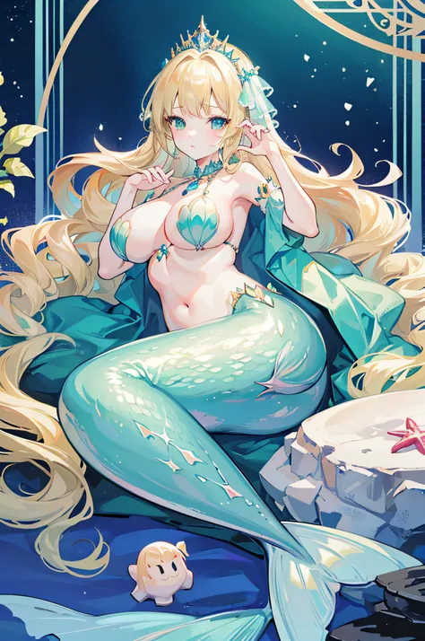 4k,hight resolution,One Woman,a blond,Longhaire,mermaid,Green scales,huge tit,Little Mermaid,Seashell bra,Princess Tiara,Pearl decoration,jewel decorations,Undersea background,under the water