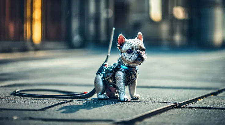 a cute little dog made of metal, (cyborg:1.1), ([tail | detailed wire]:1.3), (intricate details), hdr, (intricate details, hyperdetail:1.2), cinematic shot, vignette, centered