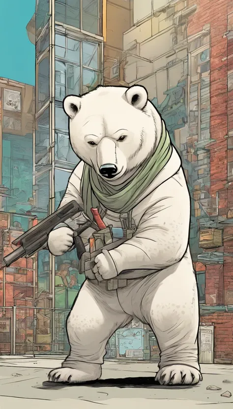 Image of a polar bear wearing a hat and scarf, With a shotgun in his paw，trends in art station，Wear punk clothes，Ultra-realistic detailed rendering，Urban style，intimidating pose，Planet of polar bears，fashionable attire，urbansamurai，Polar bears，Wear a work ...