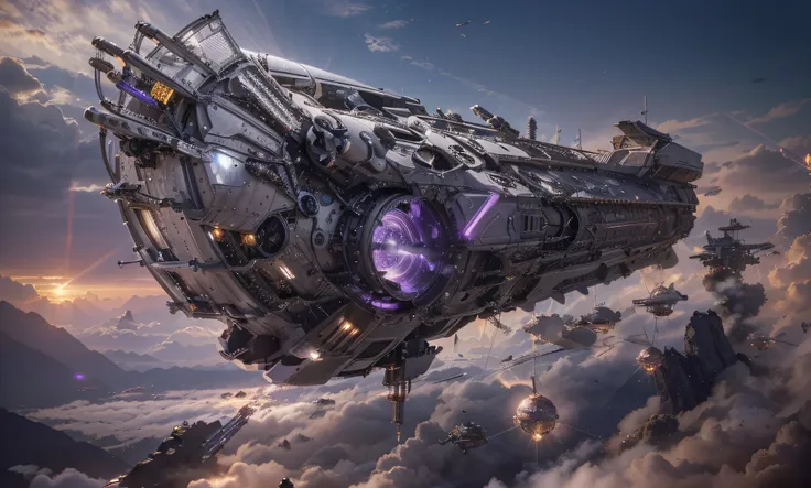 futuristic aircraft biomechanical metallic, gray color with purple details, shoots laser rays, beautiful sunset, ultra detailed,...